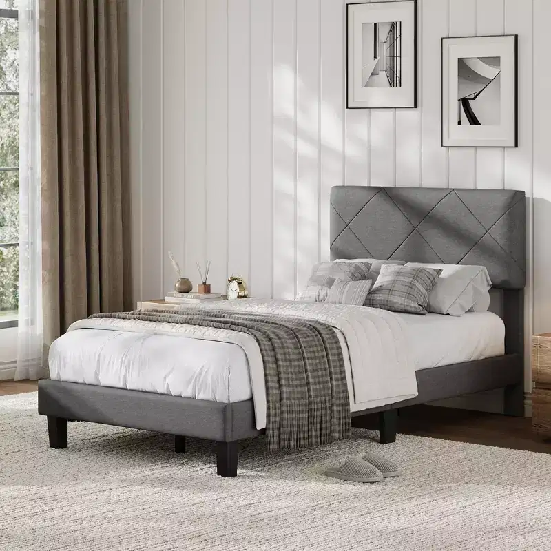 Full Size Bed Frame with Fabric Upholstered Headboard & Wooden Slat Support, No Box Spring Needed, Easy Assembly & Noise Free