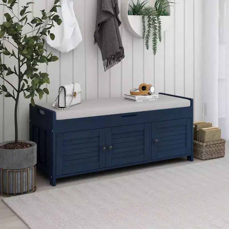 Entryway Storage Bench with Cushion, Wooden Shoe bench with Seat and 3 Shutter-shaped Doors