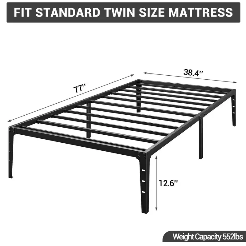 Twin Size Bed Frame Without Headboard, Metal Platform Bed Frame with 12.6 Under Bed Storage, Metal Slats Support, No Box Spring Needed