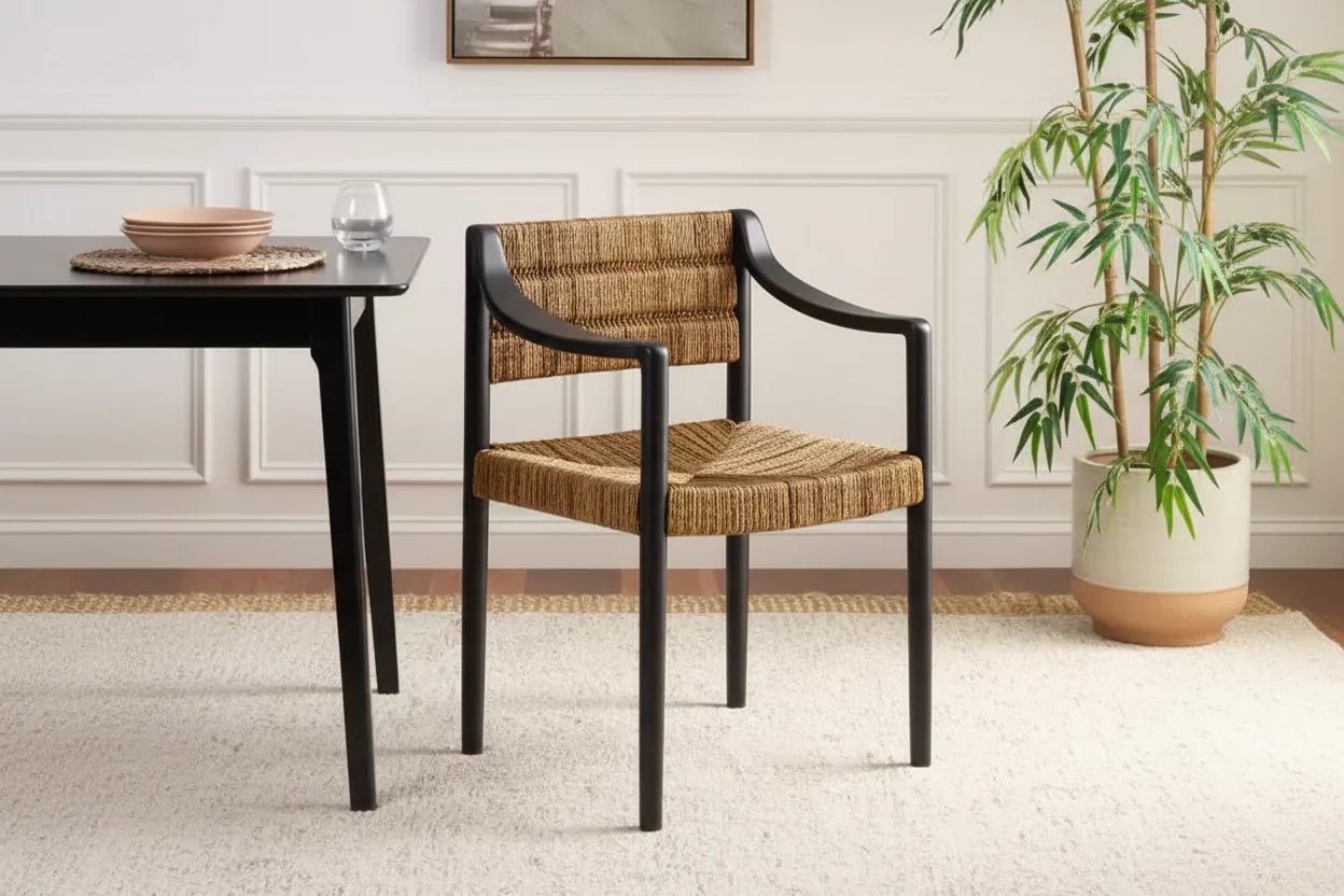 Modern Banana Rattan Arm Dining Chair with Black Metal Legs