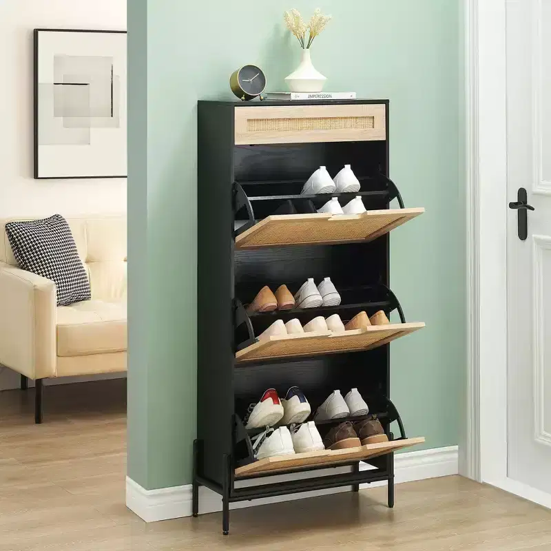 3-Tier Flip Drawer Shoe Cabinet  Narrow Rattan Organizer with Metal Legs for Entryway