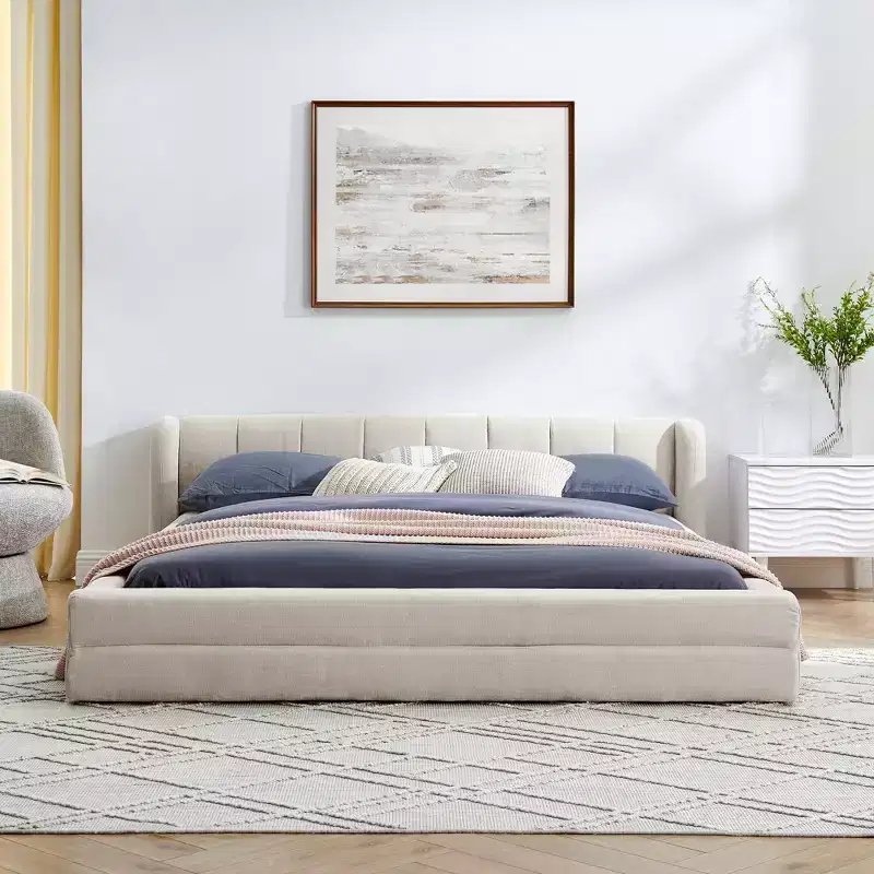 GDFStudio Penel Chenille Upholstered Floor Bed with Thick Headboard
