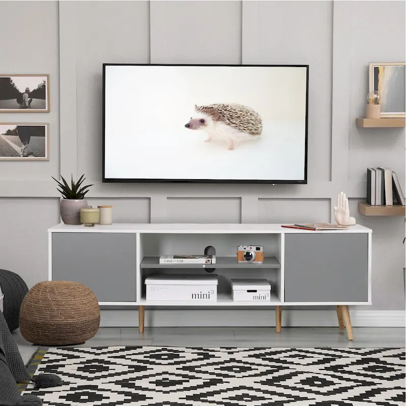 Mid-Century TV Stand with Push-Open Doors, Open Shelf and Cable Management – White / Black, Fits TVs up to 60