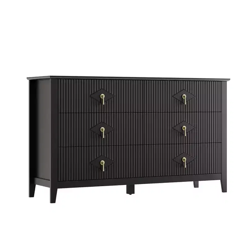 Fluted 6 Drawers Dresser for Bedroom, 54 Wide Modern Chest of Drawers with Metal Handle, Wooden Dresser Organizer