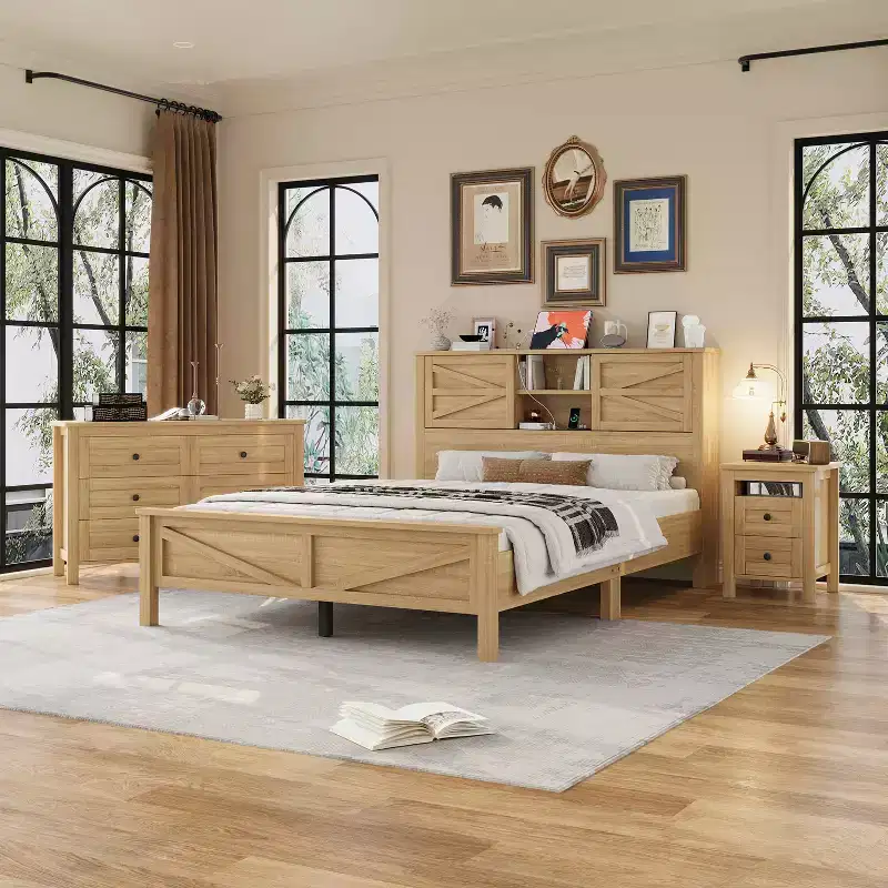 MAYEERTY 3 Pieces Queen Bedroom with Double Sliding Door Storage Headboard and Chariging Station Storage Nightstand and Dresser for Bedroom Natural