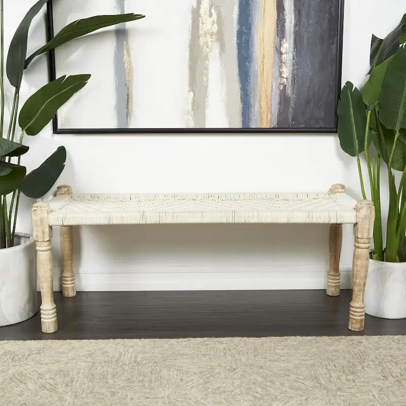 Handwoven Cotton Chevron Bench with Mango Wood Legs – Beige, 48x18x19