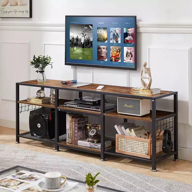 VECELO 65 Inches TV Stand, Entertainment Center with Storage Shelves & Hooks, 3-Tier Modern Wooden Console Table