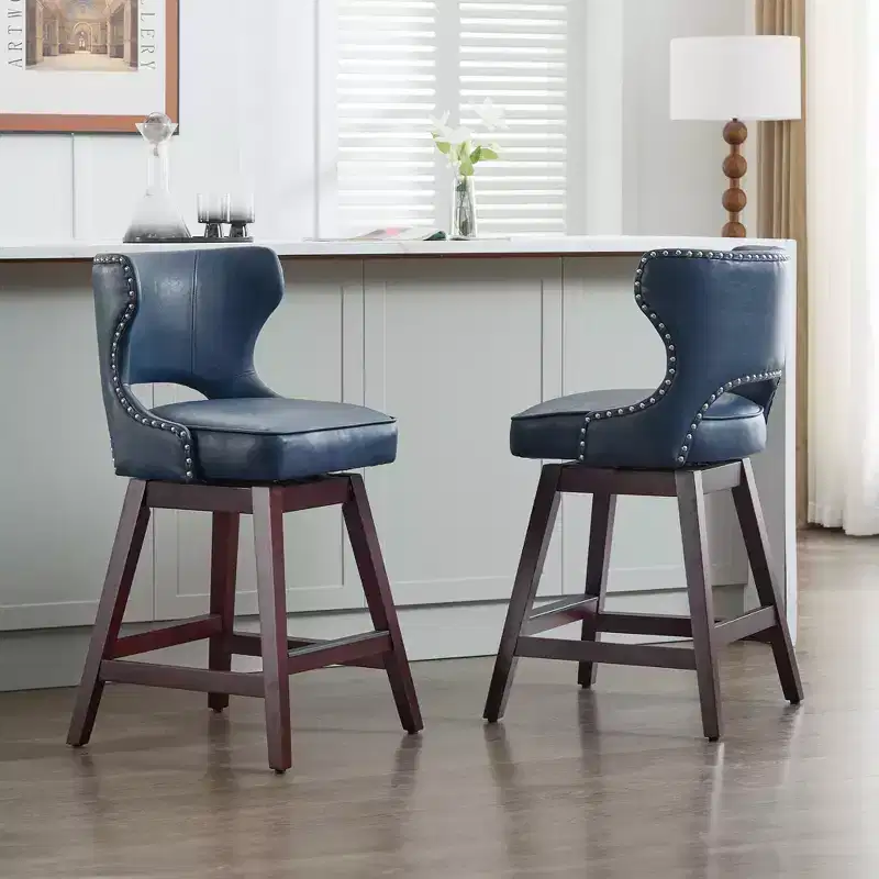 Swivel Nailhead Counter Bar Stools Set of 2 Upholstered 360° Solid Wood Legs 26