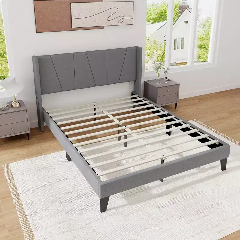 Costway Queen Size Upholstered Bed Frame w/ Elastic Pockets Mattress Foundation Gray