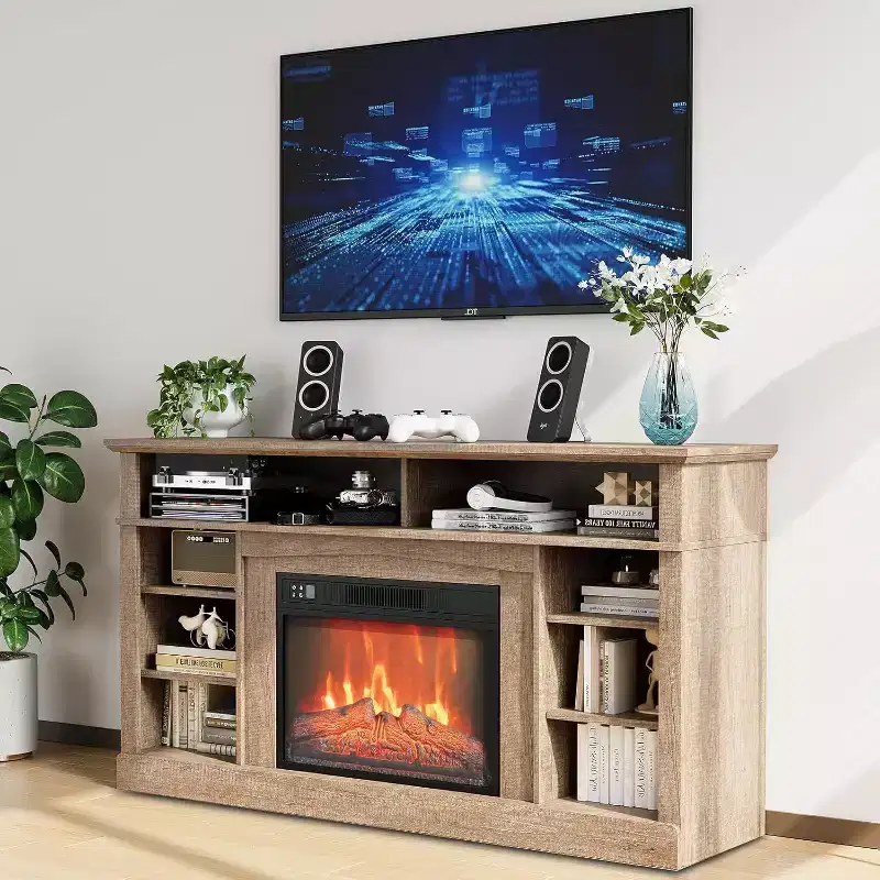 58 Farmhouse TV Stand Console Cabinet with Storage Shelves, 23 Fireplace with 3 Level Adjustable Flame for Living Room