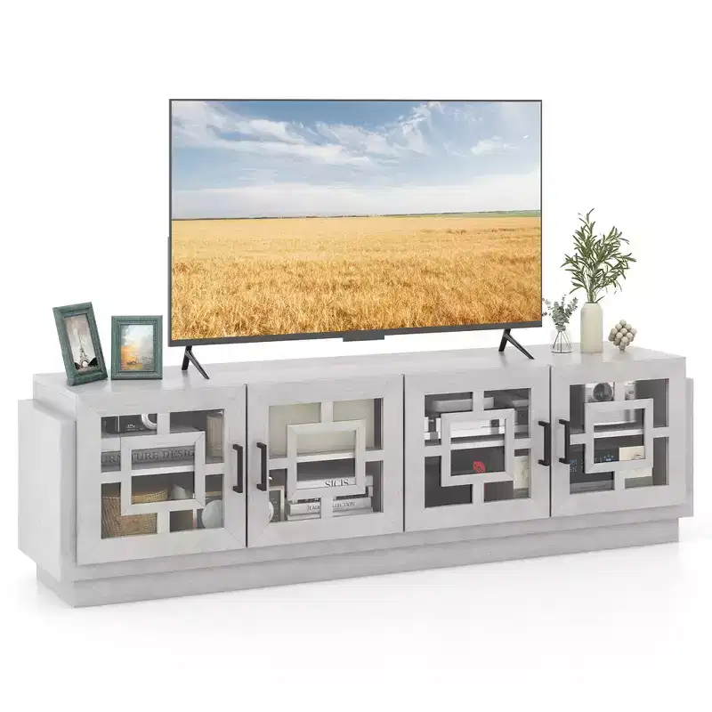 Costway 4-Door Glass Entertainment Center Farmhouse TV Stand for TVs up to 75 Oak White