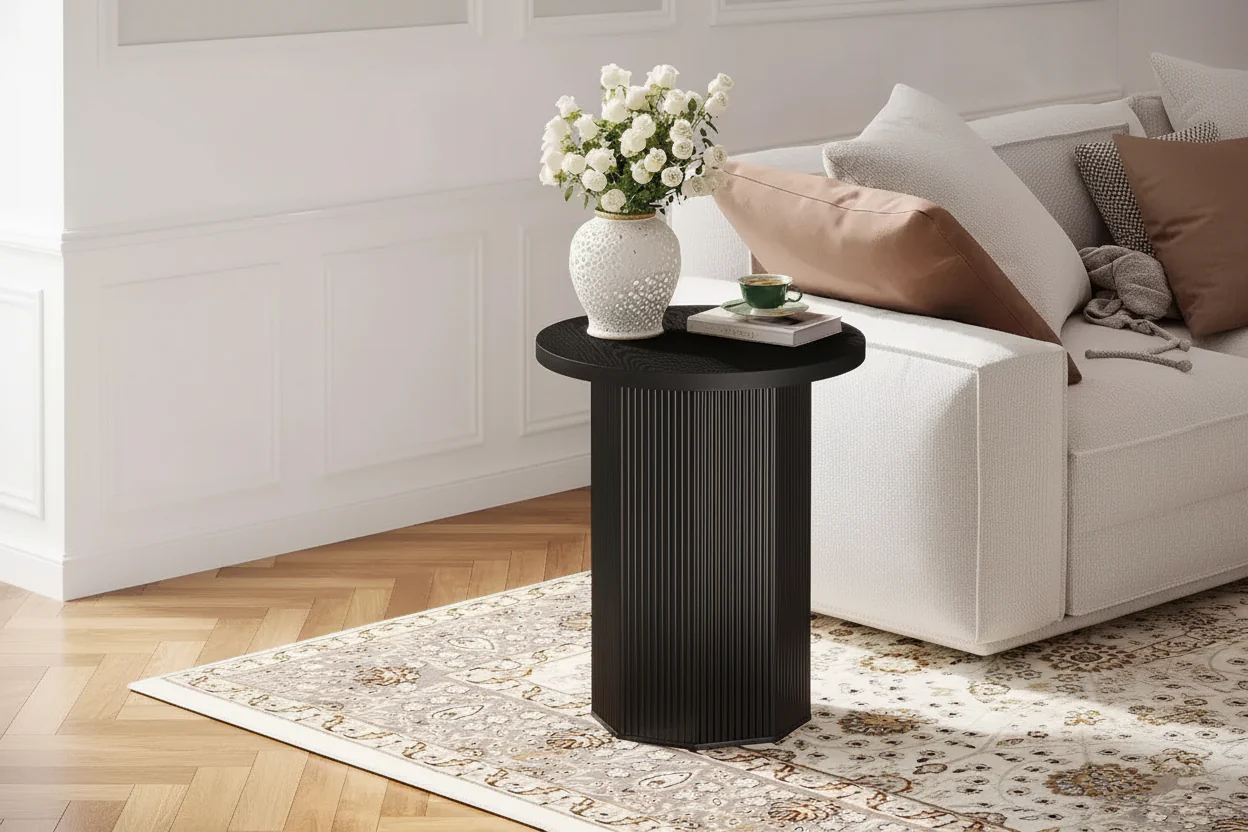 Round Farmhouse Pedestal End Table - Fluted Wood Nightstand & Drink Stand, Black, 19.7