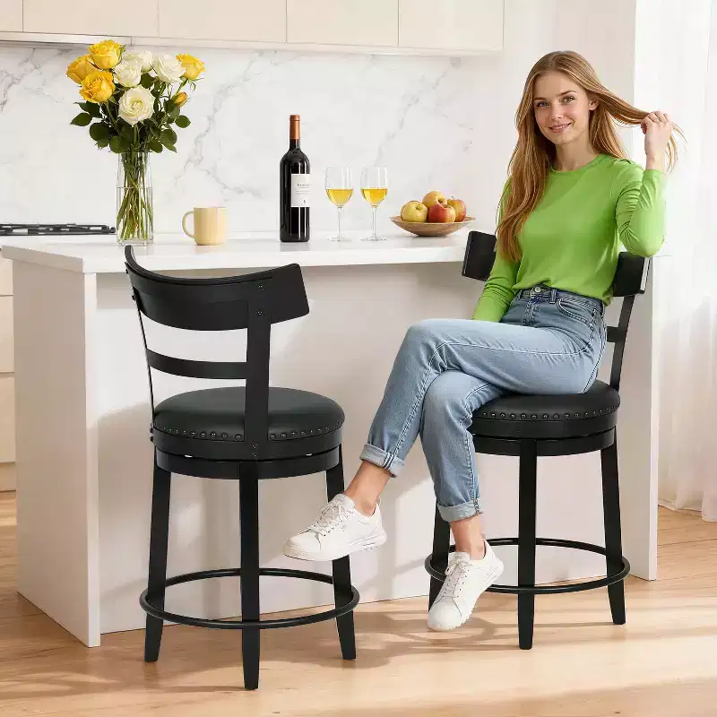 FDW Swivel Counter Height Bar Stool  24.4 Counter Height, 360 Swivel, Metal & Wood Frame, Upholstered Seat with Metal Footrest