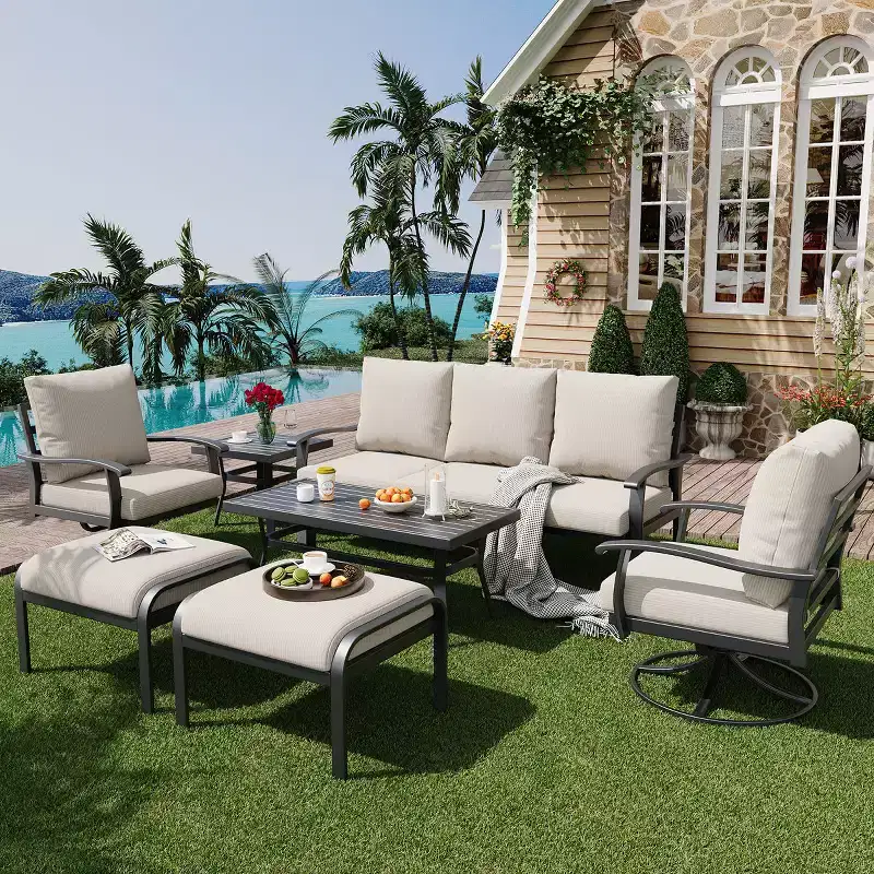 EROMMY 7 PCS Outdoor Metal Conversation Set With 360 Swivel Rocking Chairs, Sofa, Coffee Table&Ottoman For Patio, Garden, Deck Or Poolside