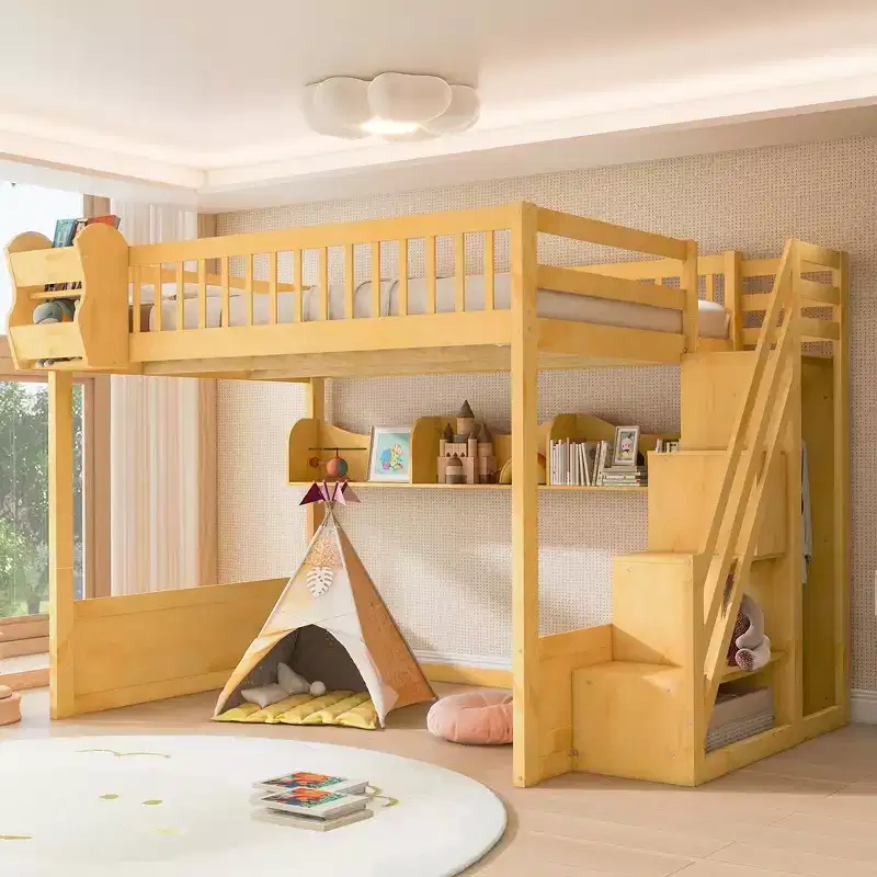 Queen Size Wooden Loft Bed Frame with Staircase and Wardrobe, Storage Shelves and Under-bed Space