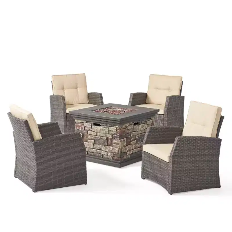Christopher Knight Home Malvern Outdoor Wicker 5 Piece Club Chair and Fire Pit Set with Cushions