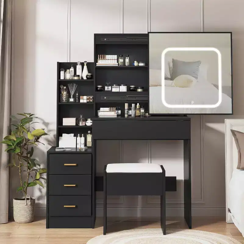 Dressers Set with Sliding Mirror, Touch Lighting, Charging Station, 4 Drawers & Shelves, Stool, Bedroom Vanity