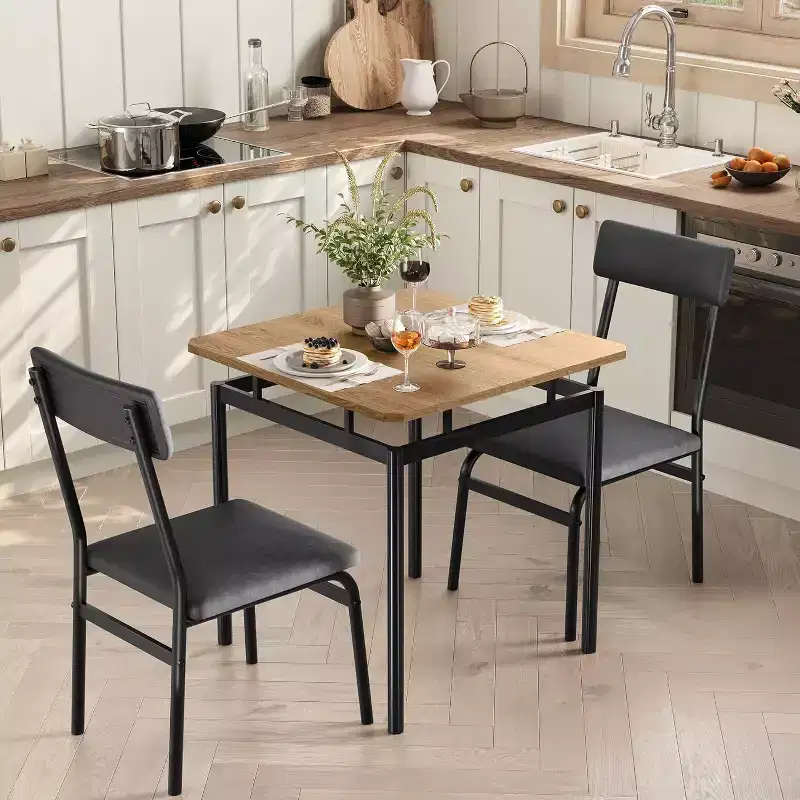 3-Piece Kitchen Table Set, for Two with PU Upholstered Chairs, Black & Brown