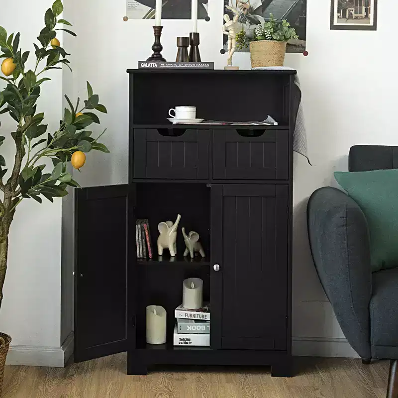 Costway Bathroom Floor Cabinet Wooden Storage Organizer w/Drawer Doors