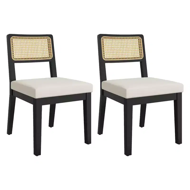 Rattan Dining Chairs Set of 2, French Country Kitchen Chairs w/ Wooden Legs, Ergonomic Mid Century Side Chairs