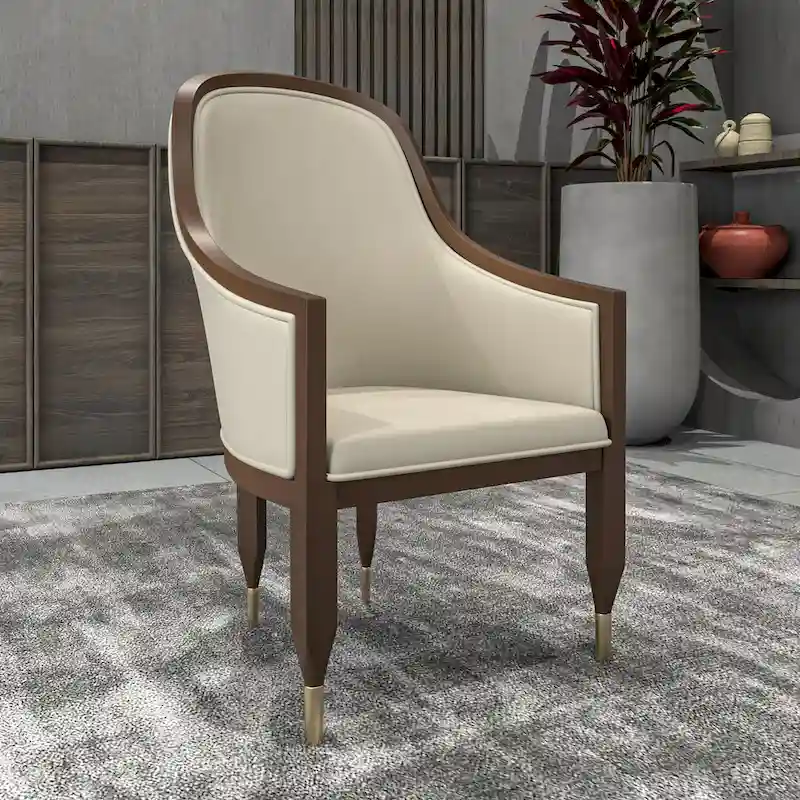 Leather Dining Chair with Arms with Rubberwood Frame Belle Series by LeisureMod