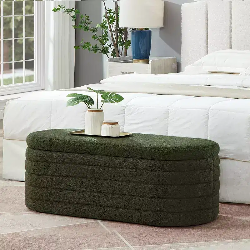 TUYOHW Modern Storage Ottoman Bench, Upholstered Bed Bench with Storage, Bed Stool with Safety Hinge for Bedroom, Dark Green