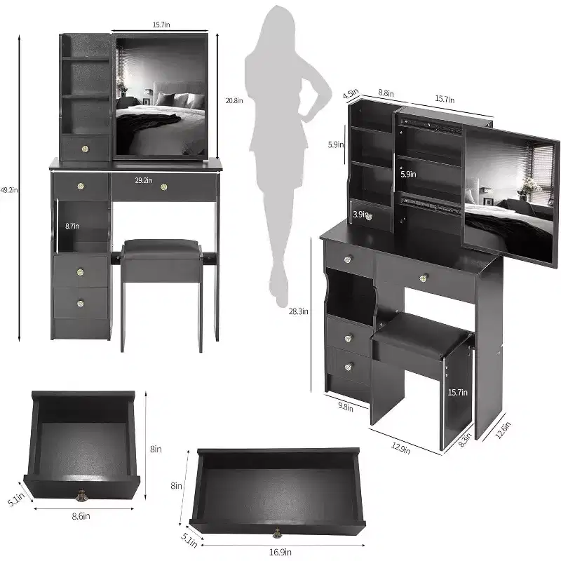 Vanity Desk with Cushioned Stool, Sliding Mirror & Multi-Layer Storage