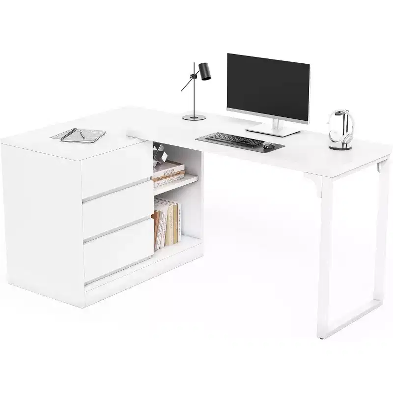 Lantine 70-Inch Computer Desk with Drawers, Movable L Shaped Desk with Storage, for Home Office, Gaming, Interchangeable Left and Right (White)