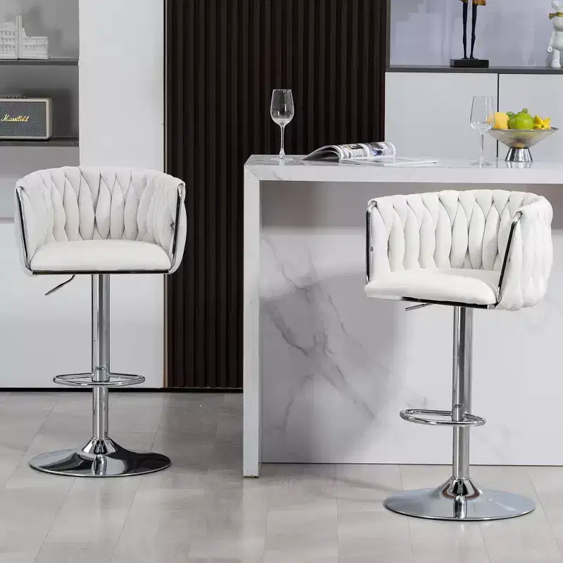 Okak Luxury Velvet Swivel Bar Stools Set of 2, Adjustable Counter Height Bar Chairs with Woven Back & Footrest for Kitchen Island, Cafe, Pub