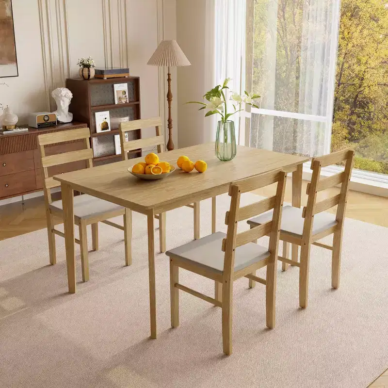 MAYEERTY 5-Piece Solid Wood Dining Table Chair Set, Natural Wood Color Rectangle Table + 4 Back Chairs for Dining Room