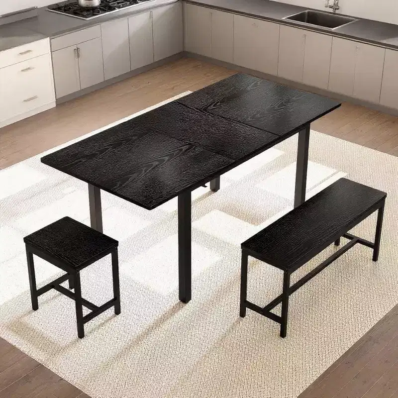 47.2 Large Extendable Kitchen Table Set, with 2 Benches and 2 Square Stools
