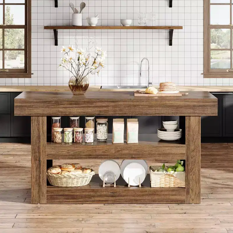 55 Kitchen Island, 3-Tier Stationary Island Table with Large Countertop, Wooden Coffee Bar Table Storage Cabinet for Dining Room