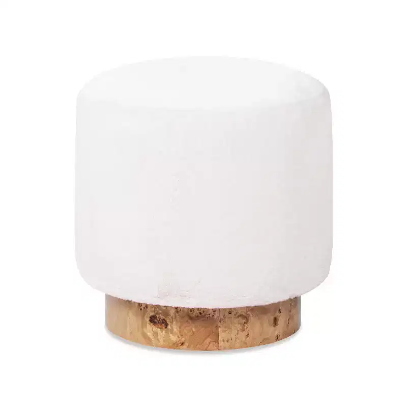 Jennifer Taylor Home Tilly 16.5 Round Fur Upholstered & Burl Pouf Ottoman, Cottontail White Faux Fur