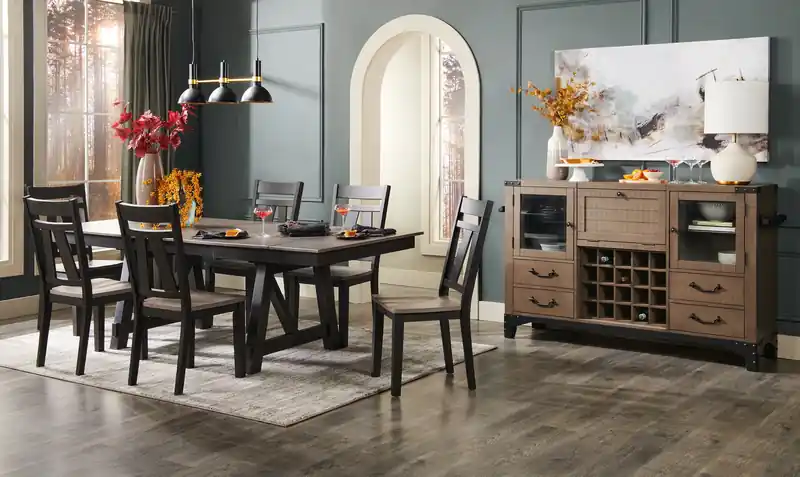 Dining Table with 66-94W Extension, Melamine, Trestle Base