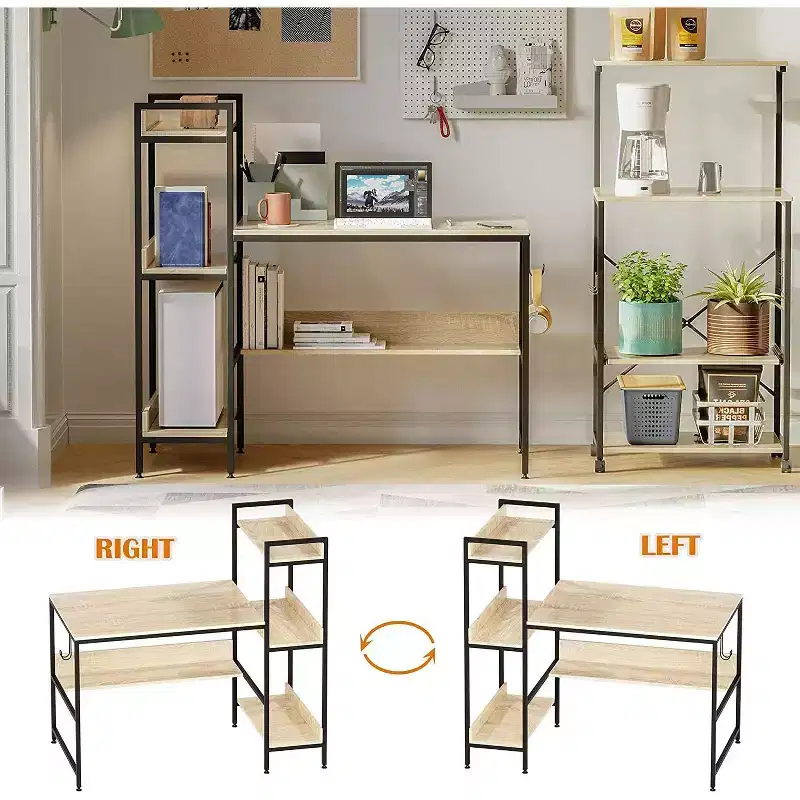 Bestier Computer Office Desk Workstation with Side Storage Shelves & Hook, Oak
