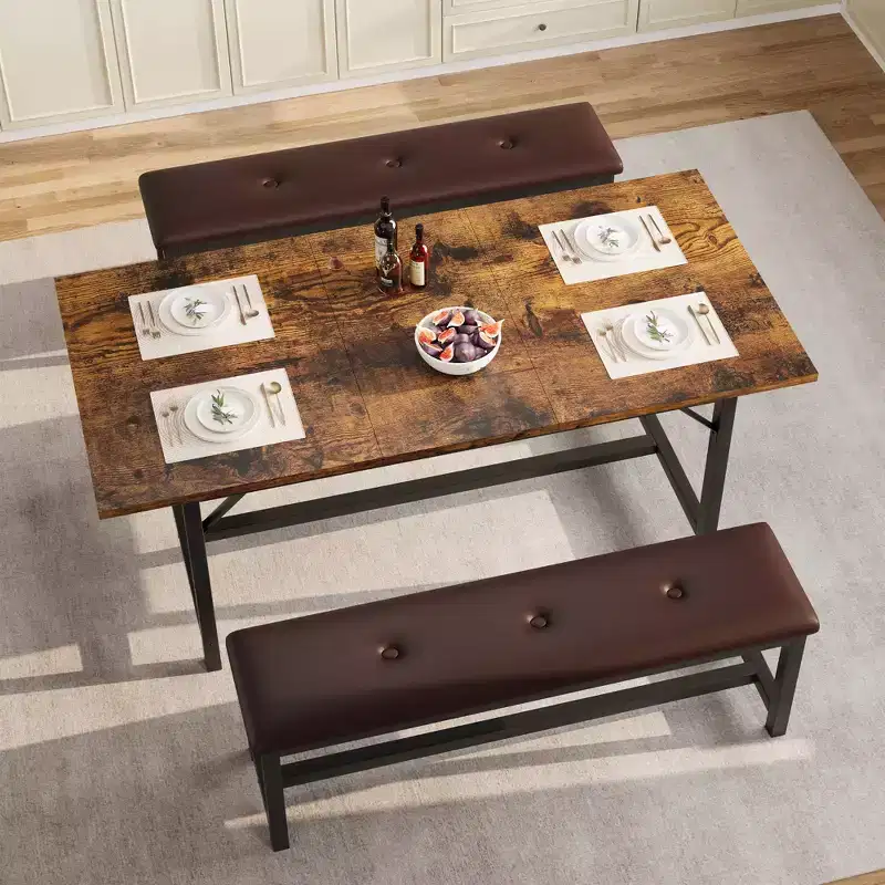 Garvee Extendable Dining Table Set for 4-6, Large Rectangle Table with 2 Upholstered Benches, Extendable Kitchen Table Set for Apartment, Small Space