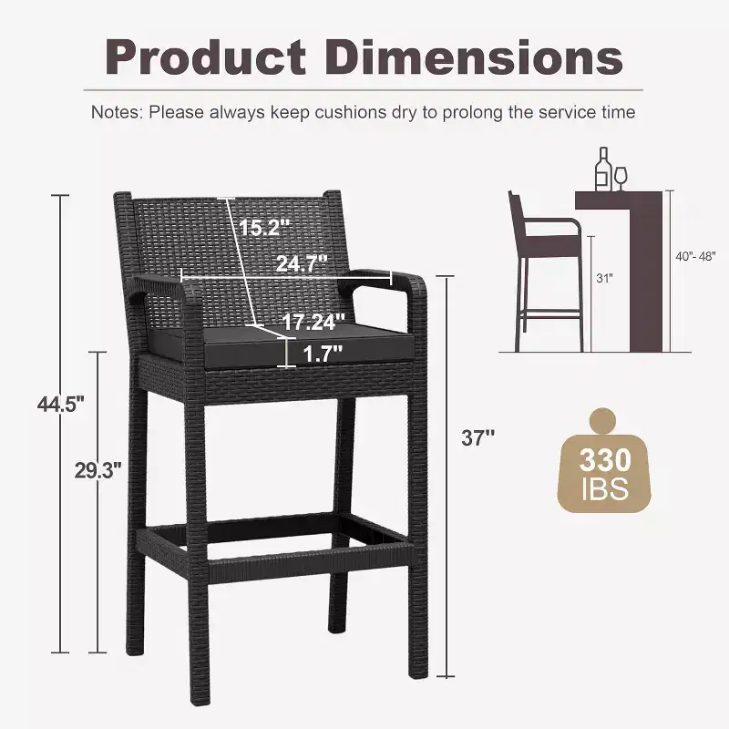COZONY Outdoor Bar Stools Set of 4, Black Wicker Bar Height Patio Chairs with Cushions Water Resistant for Backyard Garden Pool Balcony Deck