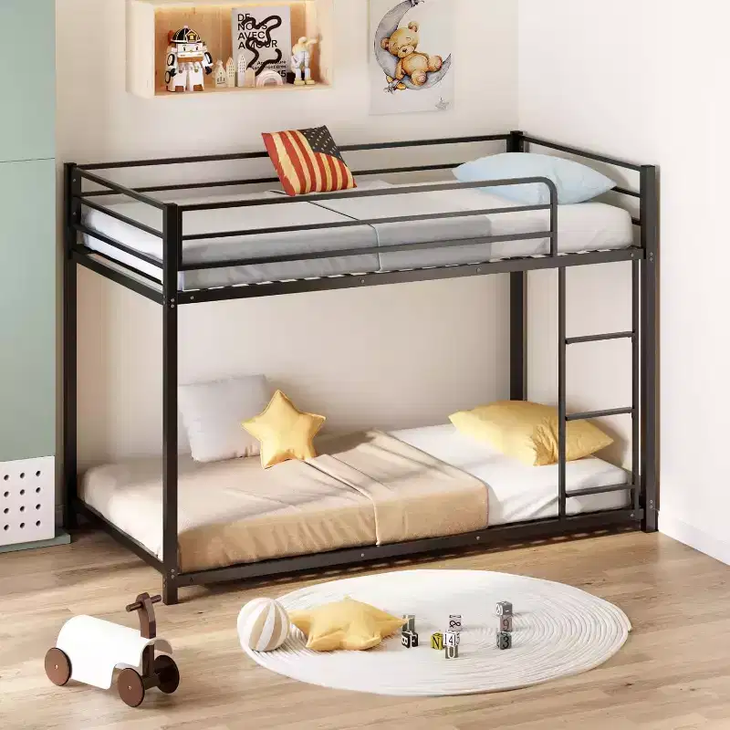 JOYMOR Bunk Bed Twin Over Twin, Metal Twin Size Bed Frame with Safety Guardraild for Boys , Profile Space Saving Design