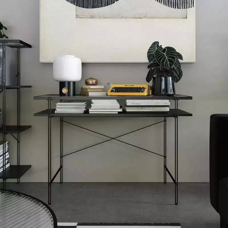 Metal & Particle Board Writing Desk with Fluted Glass Top & Open Shelf 43.25''W x 29.5''H Black