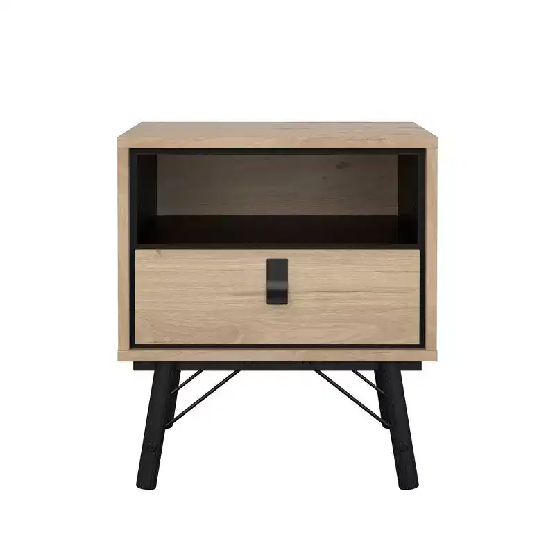 Jackson Hickory/Black Contemporary Nightstand, 1 Drawer + Open Shelf, 1-Person