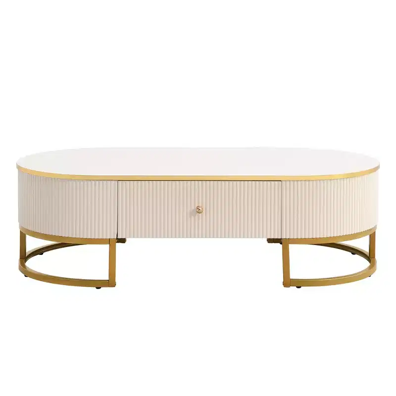 47W Modern Coffee Table Cocktail Table Center Table Accent Table with Drawers, Curved Profile Design, Gold Metal Leg, Oval, White+Gold-ModernLuxe