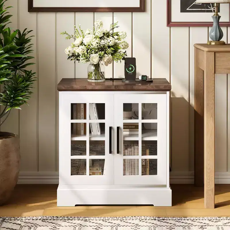Modern White MDF End Table Nightstand with Charging Station, Adjustable Glass Door & Storage | Compact Functional Bedside Table for Bedroom
