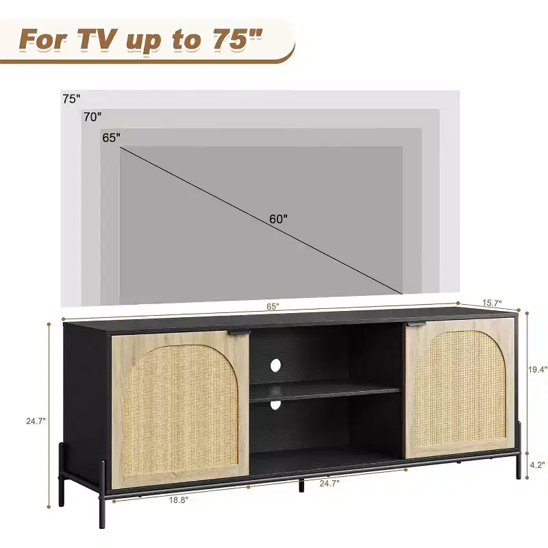 65 Media Console Cabinet, Rattan TV Stand with 2 Doors & Open Shelves for 60-75 Inch TVs