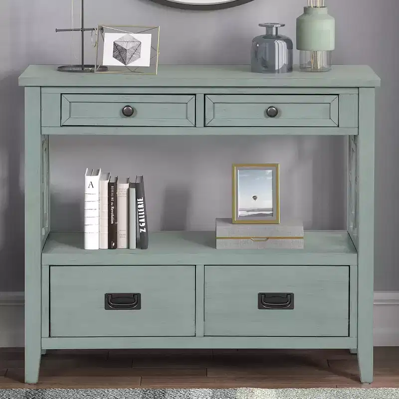 36-Inch Farmhouse Style Console Table with 4 Drawers, Green Buffet Cabinet with Storage Shelf, Sofa Table for Entryway, Hallway, Rustic Design