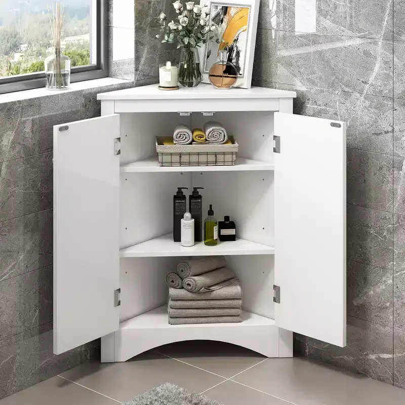 Modern Corner Storage Cabinet With Adjustable Shelves 2 Doors Triangle Freestanding Floor Cabinet For Living Room Small Space