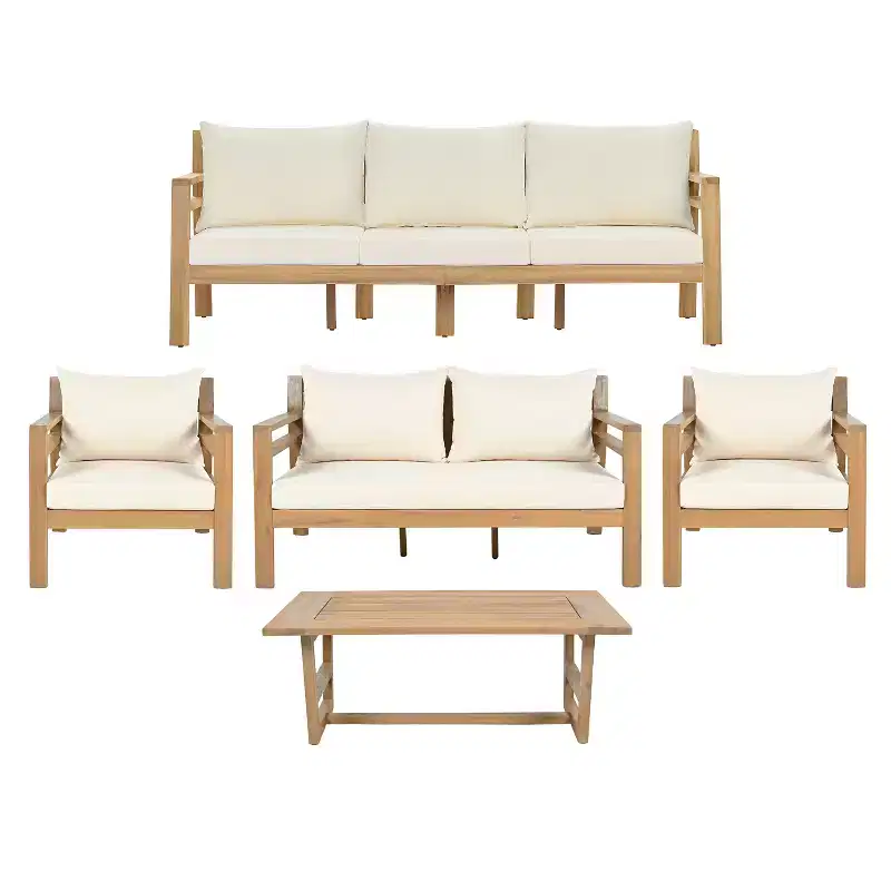 Christopher Knight Home Niran Modern 5 Piece Acacia Wood Patio Seating Set with Curved Backrest Design and Cushions