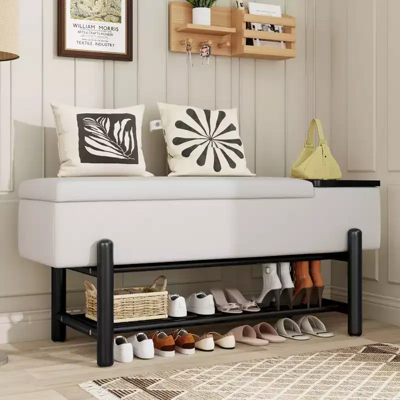 Farmhouse Upholstered Storage Bench with Hidden Compartment, Modern Entryway Ottoman for Living Room Hallway Bedroom