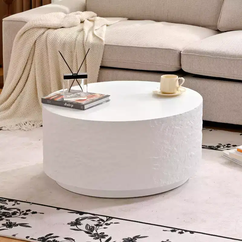 Round Coffee Table Cocktail Table Drum Center Table Sofa Side Table Accent Table with Imitation Stone Design, White, No Assembly Needed