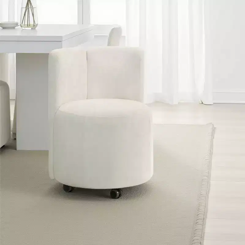 Royal Hampton Dining Side Chair Set of 2, Rolling Caster Wheels, White Chenille