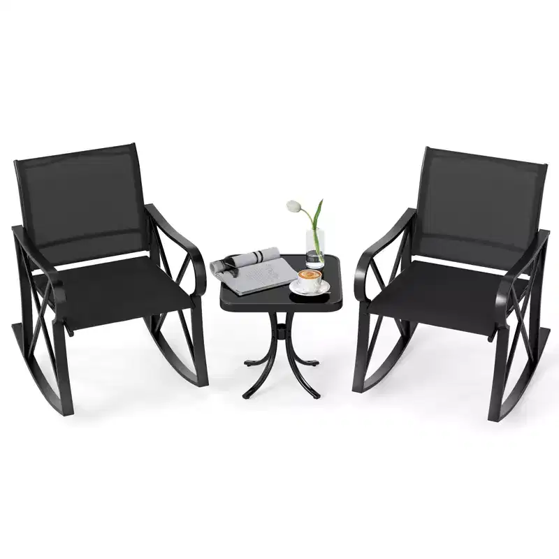 Costway 3 Piece Patio Rocking Set 2 Rocking Chairs w/ Tempered Glass Side Table
